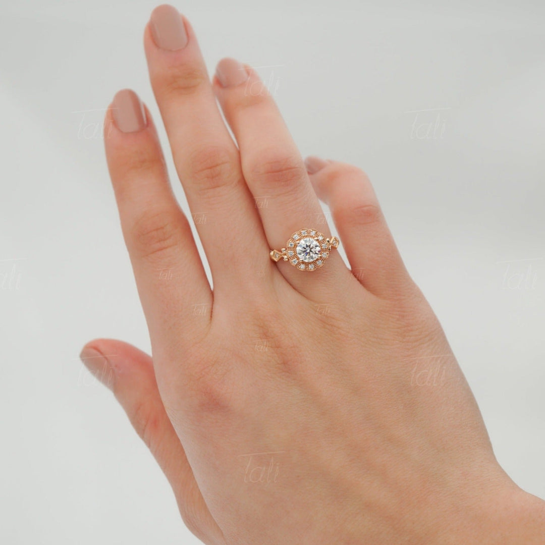 Helios Vintage Mozanit Pırlanta Altın Yüzük, Helios Vintage Mozanite Diamond Gold Ring