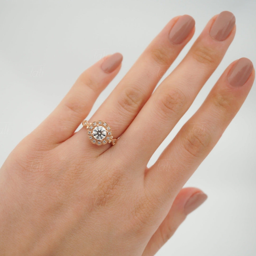 Helios Vintage Mozanit Pırlanta Altın Yüzük, Helios Vintage Mozanite Diamond Gold Ring