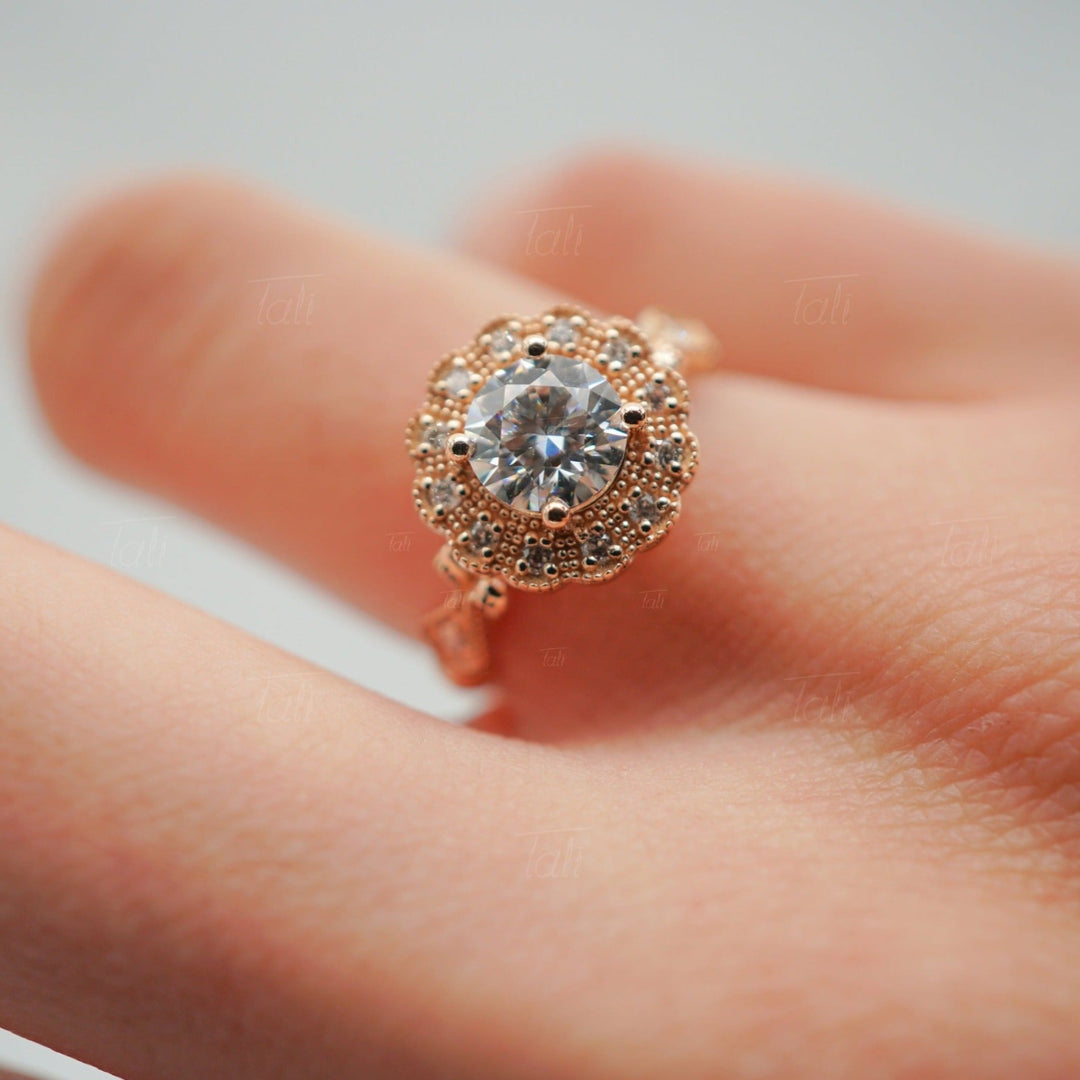 Helios Vintage Mozanit Pırlanta Altın Yüzük, Helios Vintage Mozanite Diamond Gold Ring