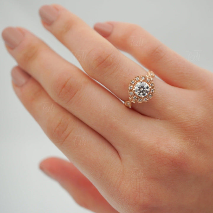 Helios Vintage Mozanit Pırlanta Altın Yüzük, Helios Vintage Mozanite Diamond Gold Ring