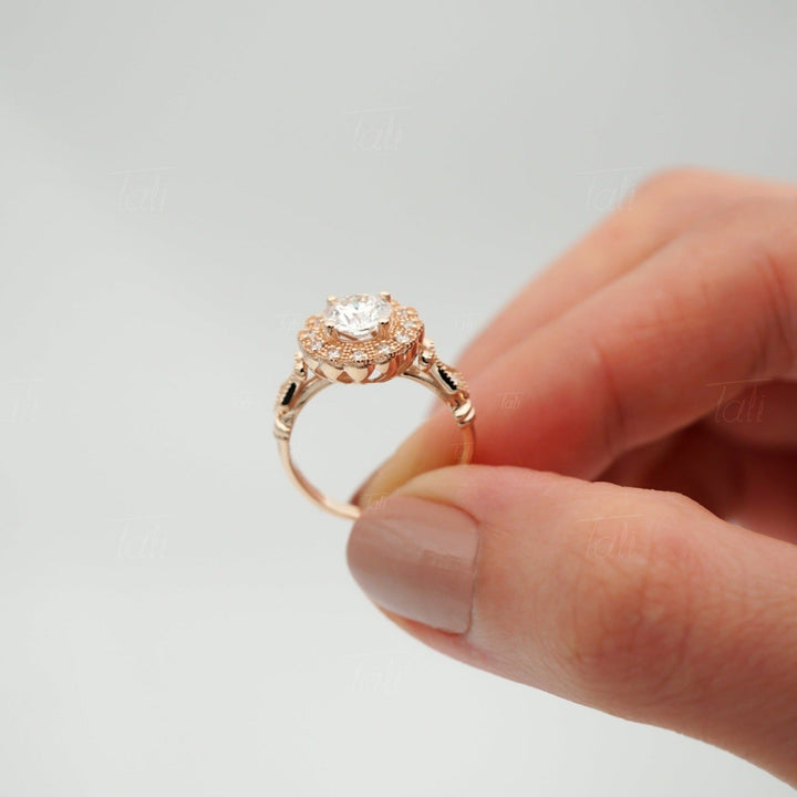 Helios Vintage Mozanit Pırlanta Altın Yüzük, Helios Vintage Mozanite Diamond Gold Ring