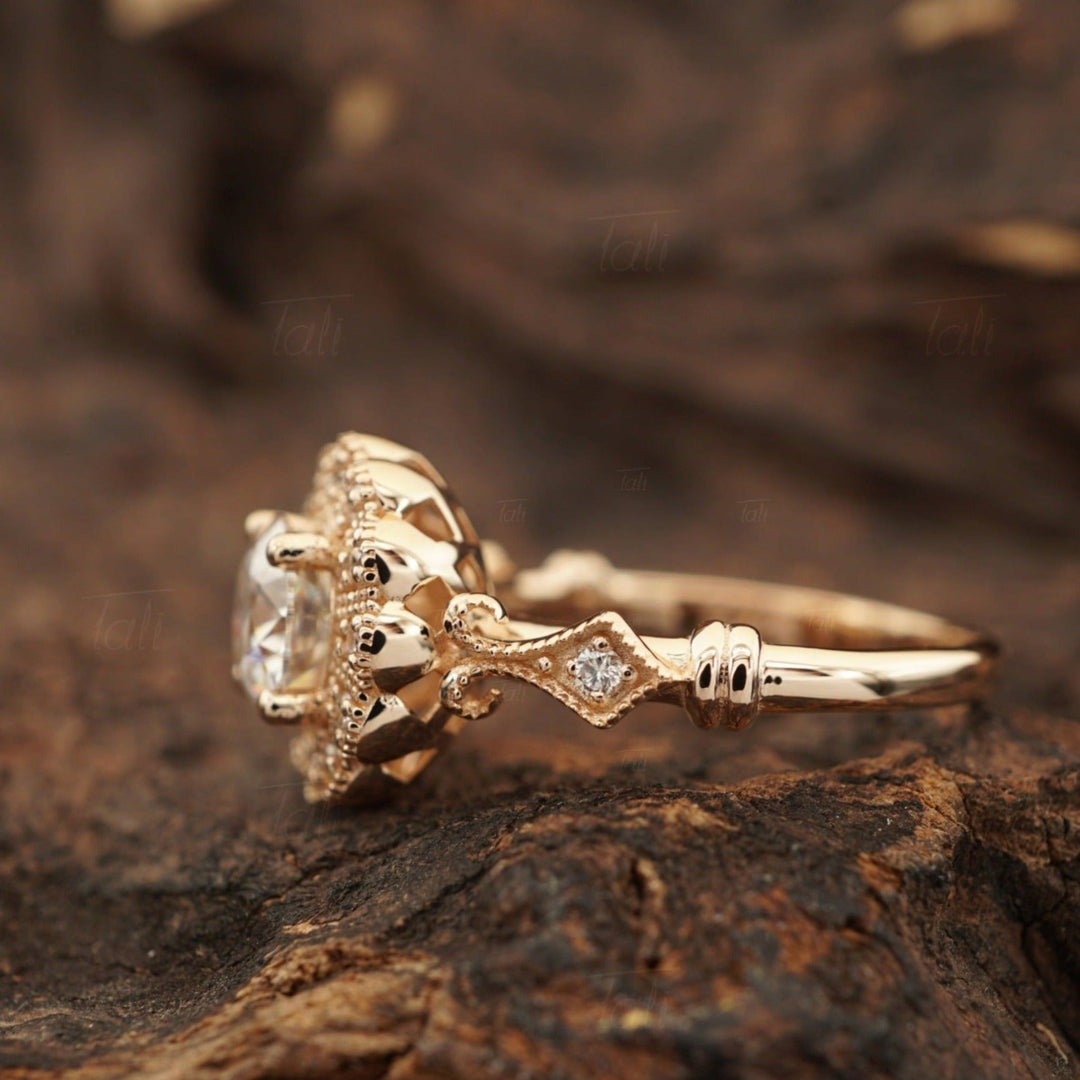 Helios Vintage Mozanit Pırlanta Altın Yüzük, Helios Vintage Mozanite Diamond Gold Ring