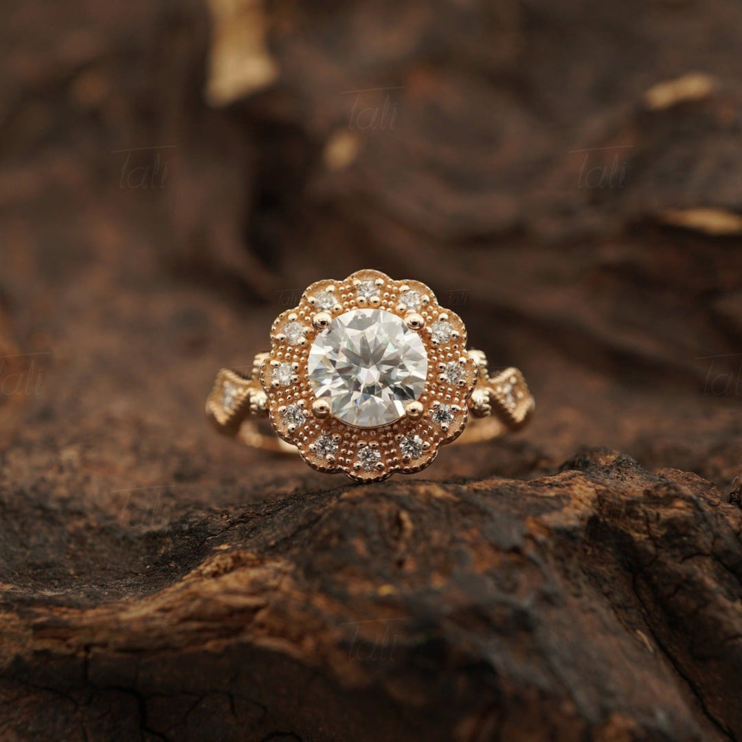 Helios Vintage Mozanit Pırlanta Altın Yüzük, Helios Vintage Mozanite Diamond Gold Ring