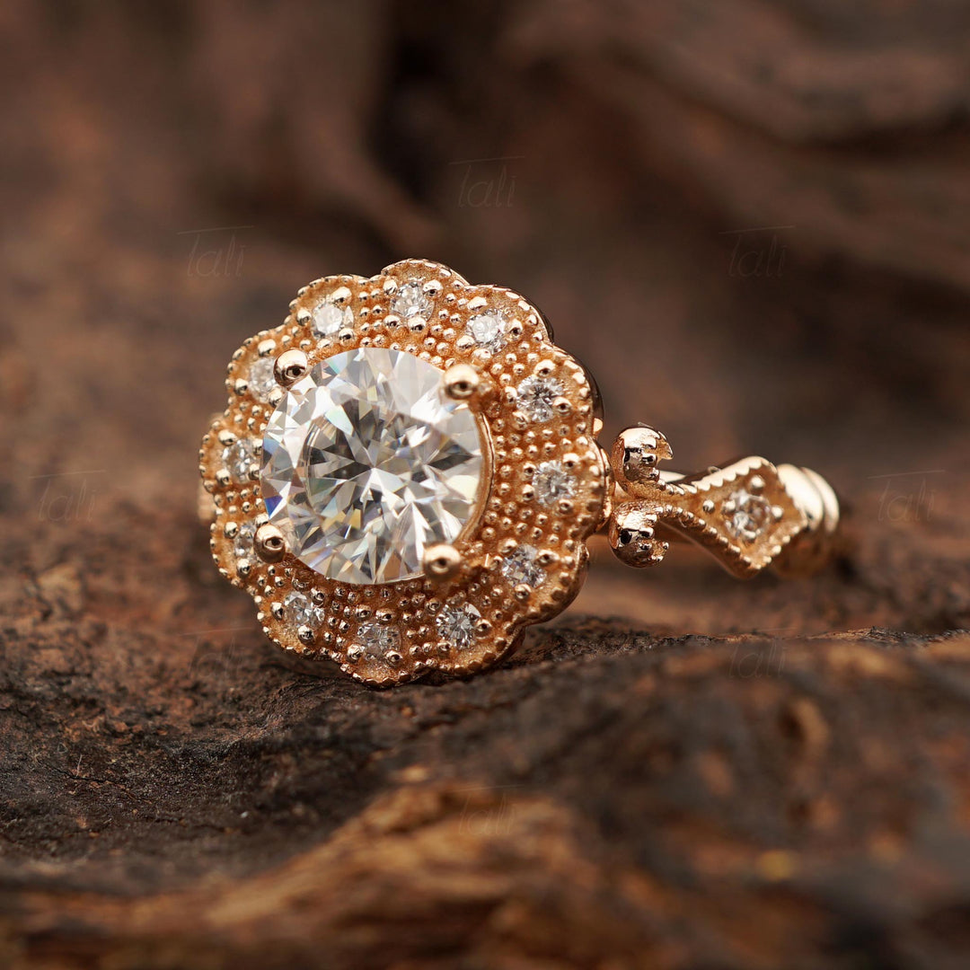 Helios Vintage Mozanit Pırlanta Altın Yüzük, Helios Vintage Mozanite Diamond Gold Ring