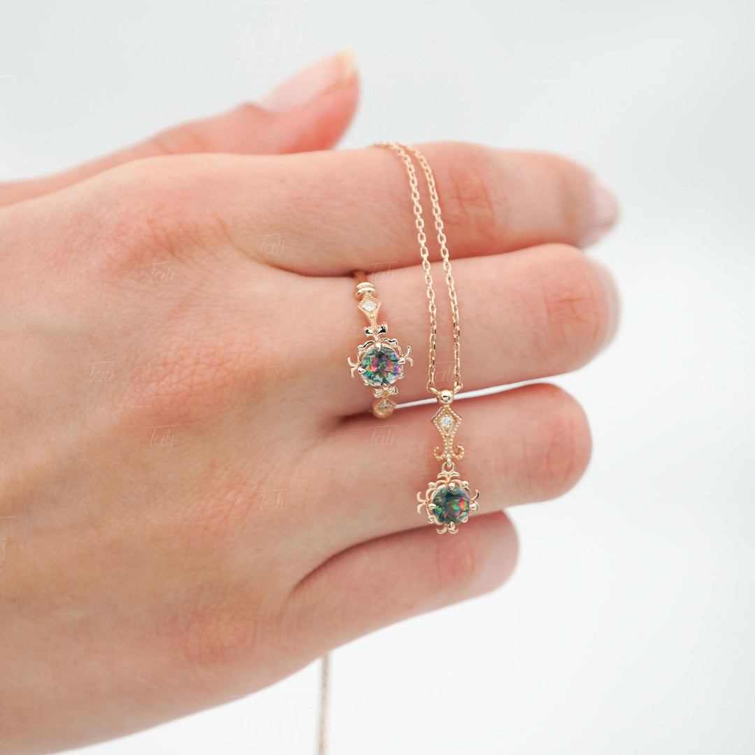 Mistik Topaz Pırlanta & Altın Yüzük ve Altın Kolye Seti, Mystic Topaz Diamond & Gold Ring and Gold Necklace Set