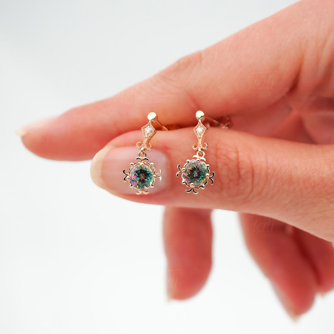 Mistik Topaz Pırlanta Vintage Altın Küpe, Mystic Topaz Diamond Vintage Gold Earrings