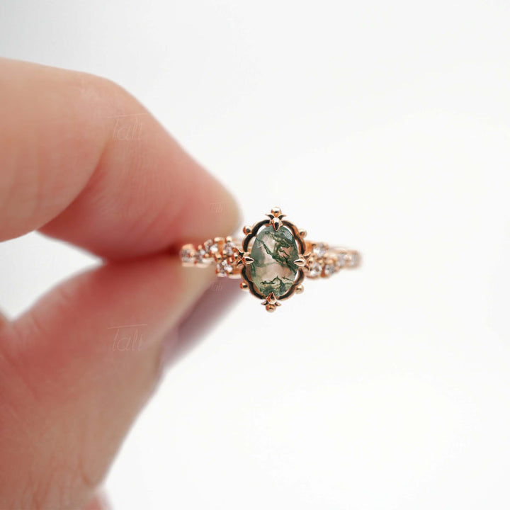 Astra Vintage Moss Agate Pırlanta Altın Yüzük