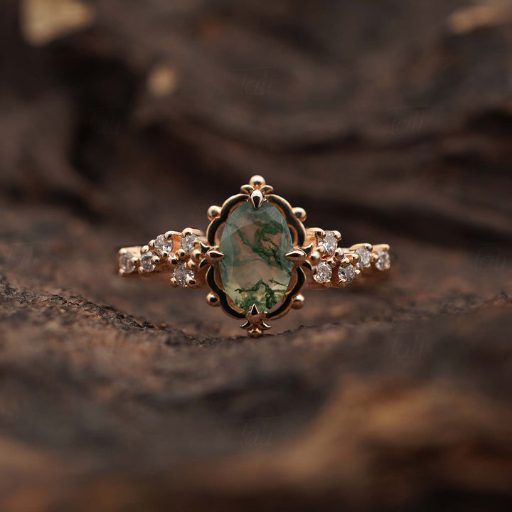 Astra Vintage Moss Agate Pırlanta Altın Yüzük