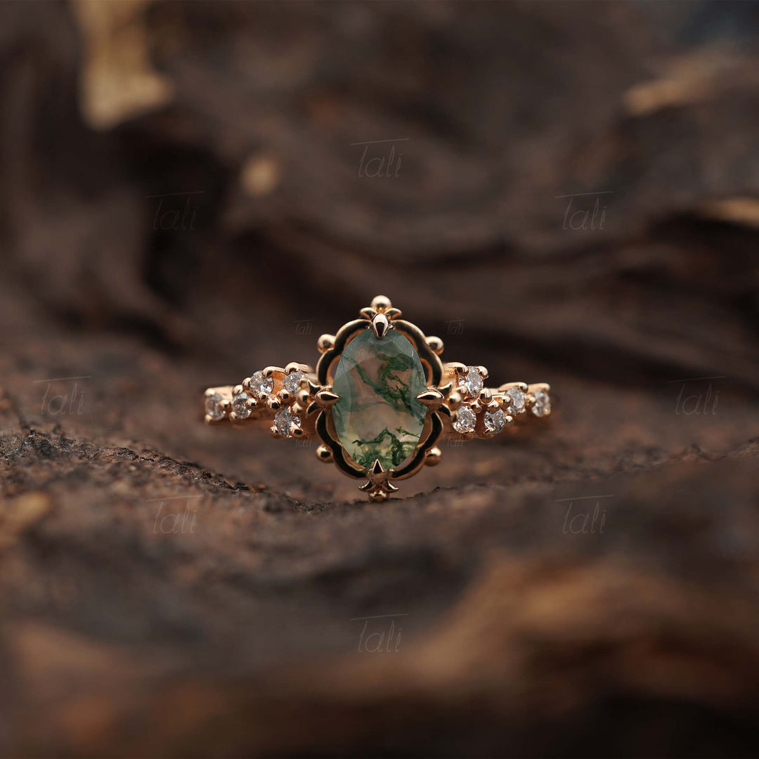 Astra Vintage Moss Agate Pırlanta Altın Yüzük