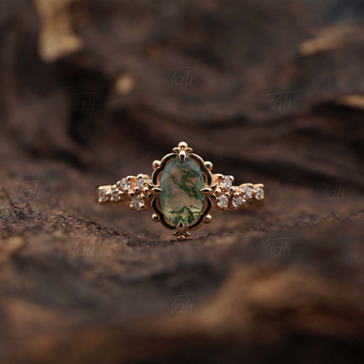 Astra Vintage Moss Agate Pırlanta Altın Yüzük