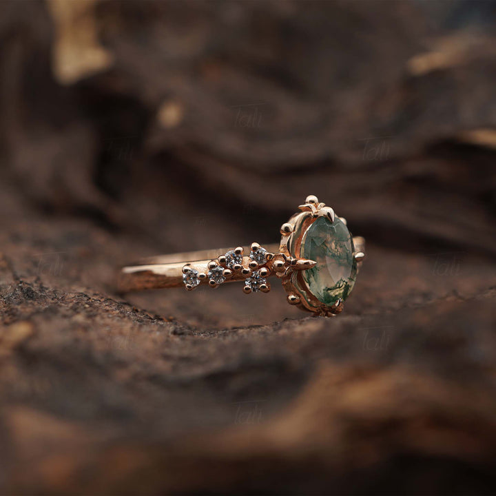 Astra Vintage Moss Agate Pırlanta Altın Yüzük