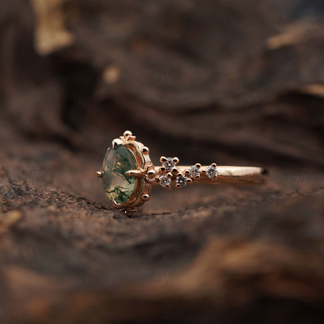 Astra Vintage Moss Agate Pırlanta Altın Yüzük