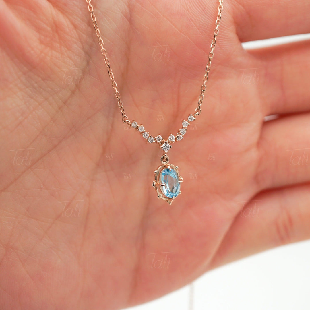 Astra Vintage Swiss Blue Topaz Pırlanta Altın Kolye, Astra Vintage Swiss Blue Topaz Diamond Gold Necklace