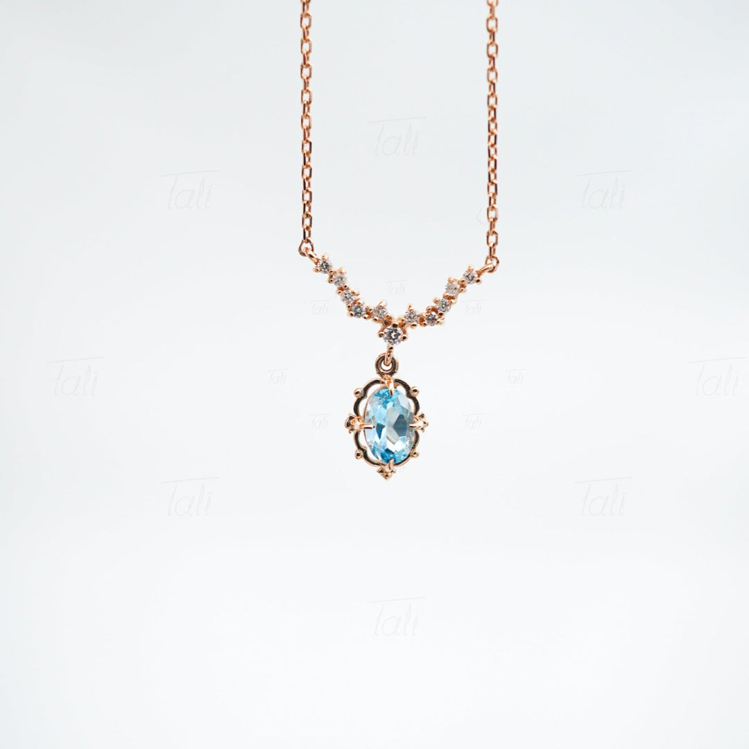 Astra Vintage Swiss Blue Topaz Pırlanta Altın Kolye, Astra Vintage Swiss Blue Topaz Diamond Gold Necklace