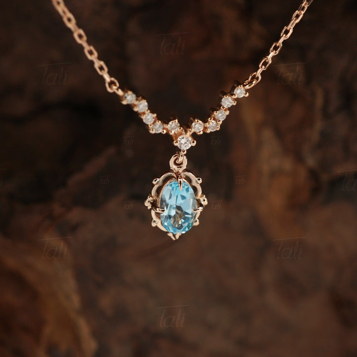 Astra Vintage Swiss Blue Topaz Pırlanta Altın Kolye, Astra Vintage Swiss Blue Topaz Diamond Gold Necklace