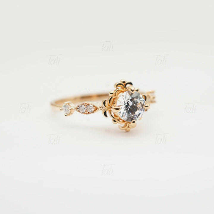 Aura Vintage Beyaz Topaz Pırlanta Altın Yüzük, Aura Vintage White Topaz Diamond Gold Ring