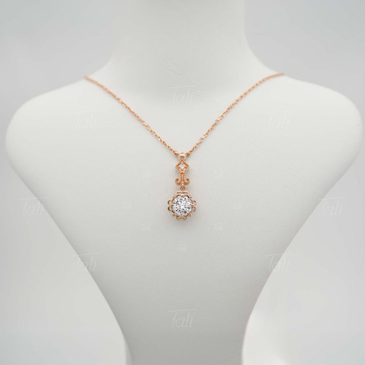 Beyaz topaz pırlanta vintage altın kolye önden görüntüsü- Beyaz topaz diamond vintage solid gold necklace