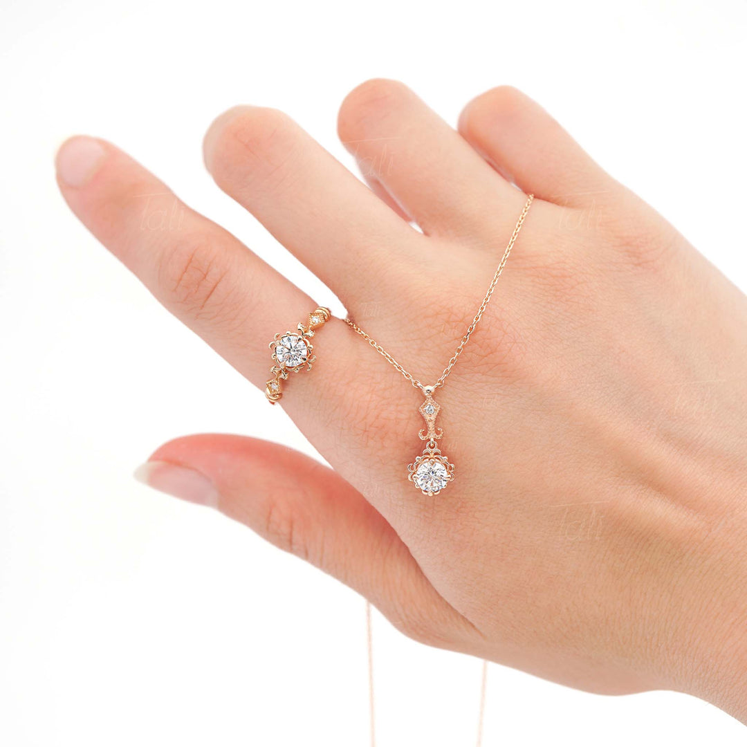 Beyaz topaz pırlanta vintage altın kolye ve Beyaz topaz pırlanta altın yüzük seti - Beyaz topaz diamond vintage solid gold necklace and gold ring set
