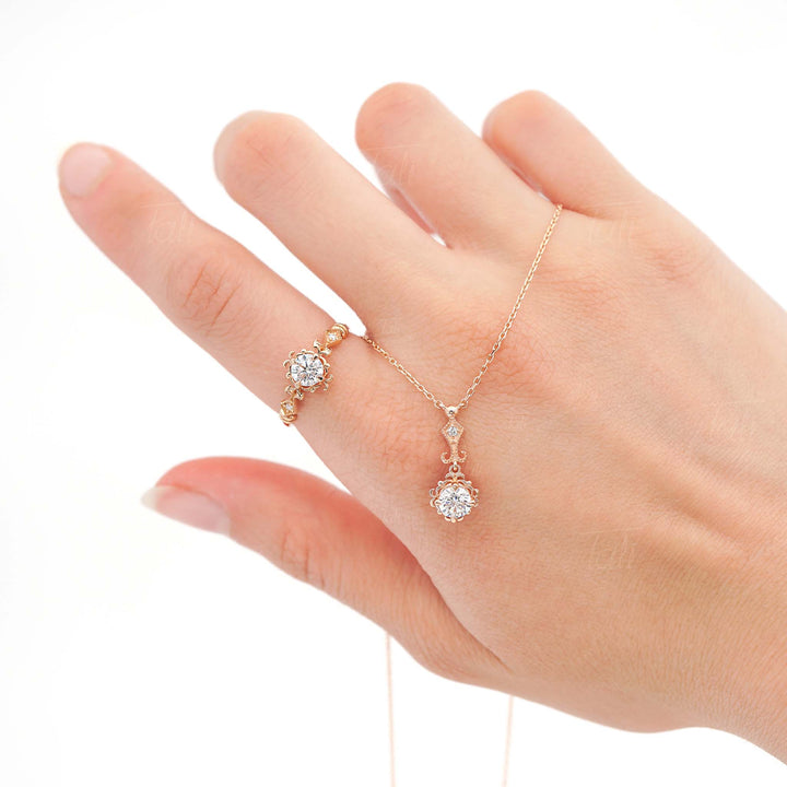 Beyaz topaz pırlanta vintage altın kolye ve Beyaz topaz pırlanta altın yüzük seti - Beyaz topaz diamond vintage solid gold necklace and gold ring set
