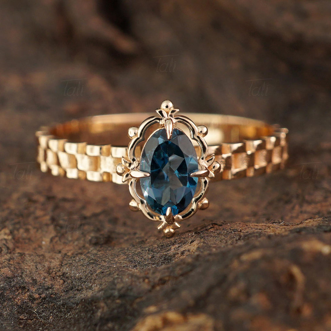 Elexus Vintage London Blue Topaz Tektaş Altın Yüzük, Elexus Vintage London Blue Topaz Solitaire Gold Ring