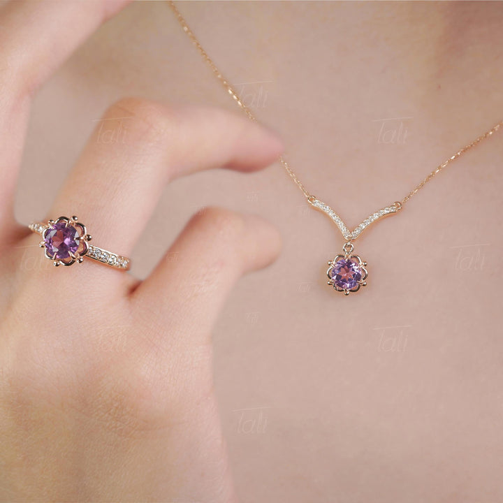 Flora Aleksandrit & Pırlanta Altın Yüzük, Kolye Seti, Flora Alexandrite & Diamond Gold Ring and Necklace Set