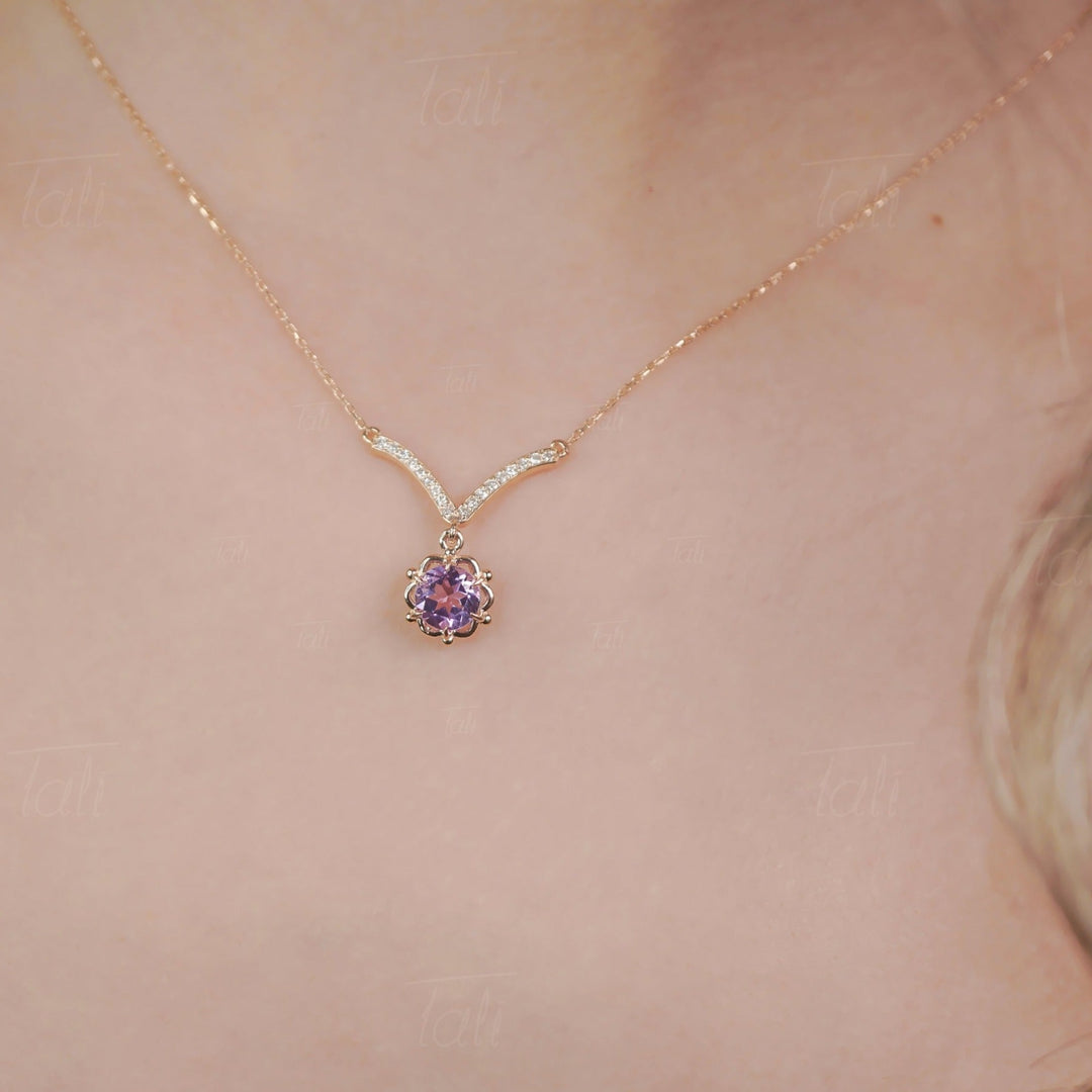 Flora Vintage Aleksandrit Pırlanta Altın Kolye, Flora Vintage Alexandrite Diamond Gold Necklace