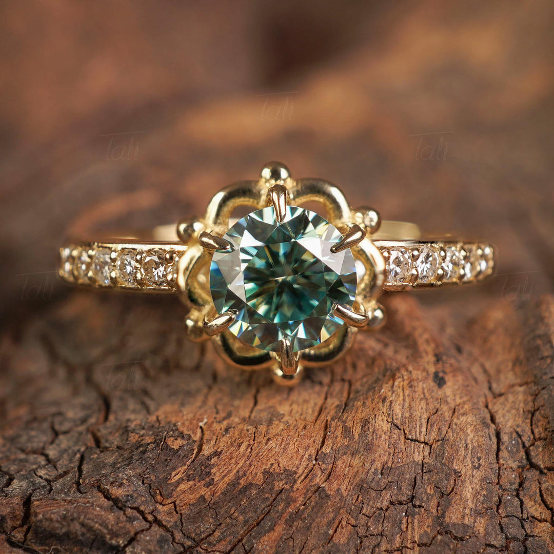 Flora Vintage Yeşil Mozanit Pırlanta Altın Yüzük, Flora Vintage Green Moissanite Diamond Gold Ring  