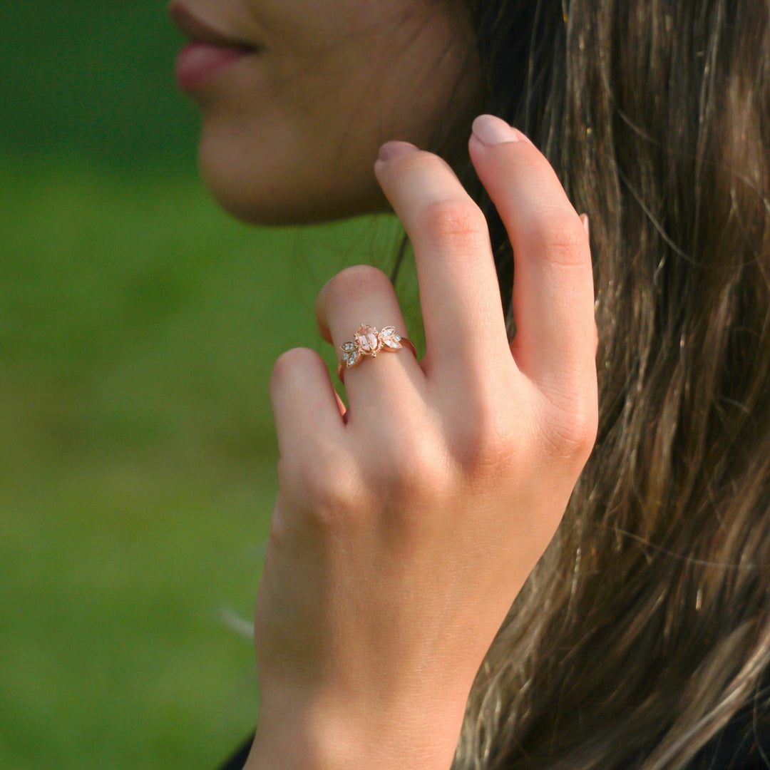 Freya Vintage Morganit Pırlanta Altın Yüzük, Freya Vintage Morganite Diamond Gold Ring