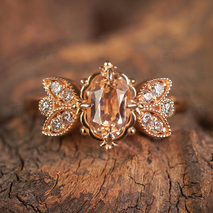 Freya Vintage Morganit Pırlanta Altın Yüzük, Freya Vintage Morganite Diamond Gold Ring