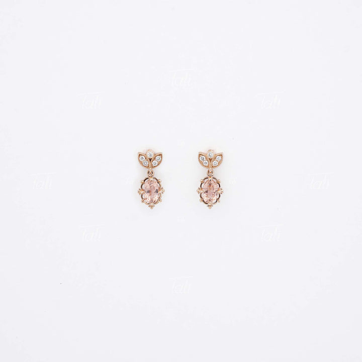 Freya Vintage Pembe Morganit Pırlanta Altın Küpe