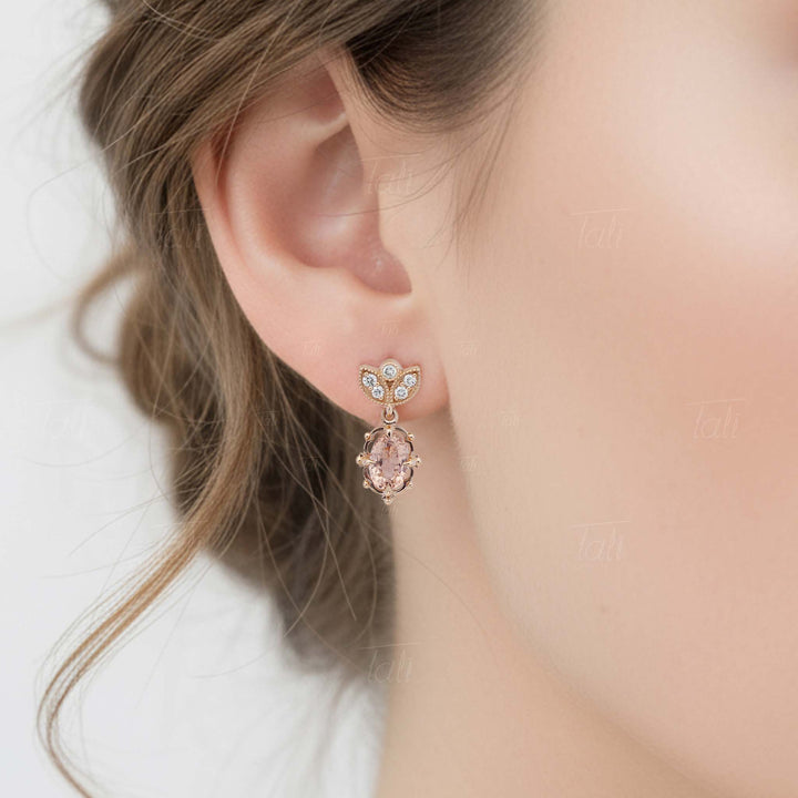 Freya Vintage Pembe Morganit Pırlanta Altın Küpe