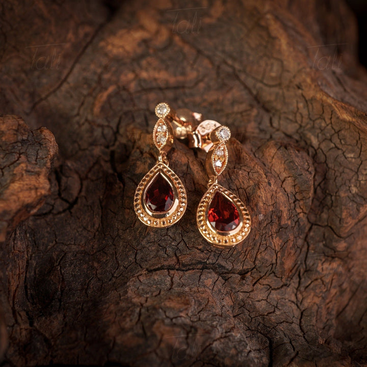 Garnet Pırlanta Vintage Altın Küpe, Garnet Diamond Vintage Gold Earrings 