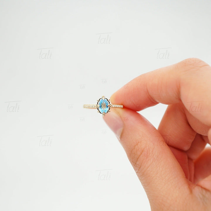 Hera Vintage Swiss Blue Topaz Pırlanta Altın Yüzük, Hera Vintage Swiss Blue Topaz Diamond Gold Ring