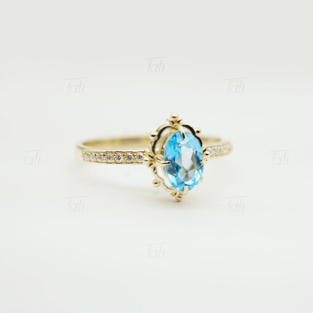 Hera Vintage Swiss Blue Topaz Pırlanta Altın Yüzük, Hera Vintage Swiss Blue Topaz Diamond Gold Ring