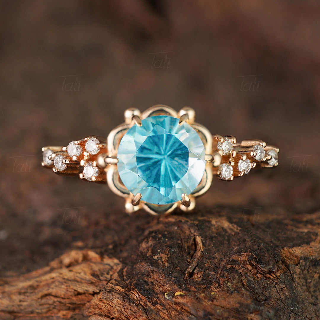 Lumin Vintage Swiss Blue Topaz Pırlanta Altın Yüzük, Lumin Vintage Swiss Blue Topaz Diamond Gold Ring 