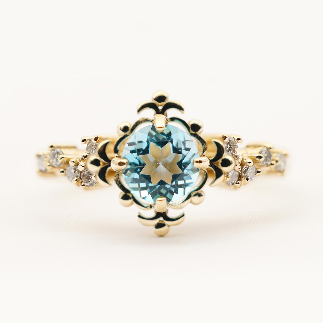 Luna Vintage Swiss Blue Topaz Pırlanta Altın Yüzük, Luna Vintage Swiss Blue Topaz Diamond Gold Ring